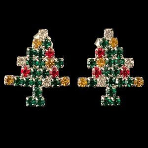 Stud Earrings Christmas Tree Kitschy Rhinestones Cute  Holiday by Roman Inc